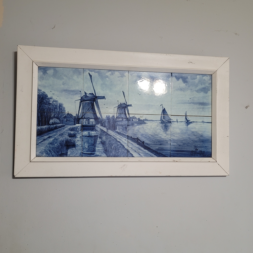 DELFT‎ BLAUW Blue Wood Framed 6 Tile Tableau Dutch Landscape w Windmill
